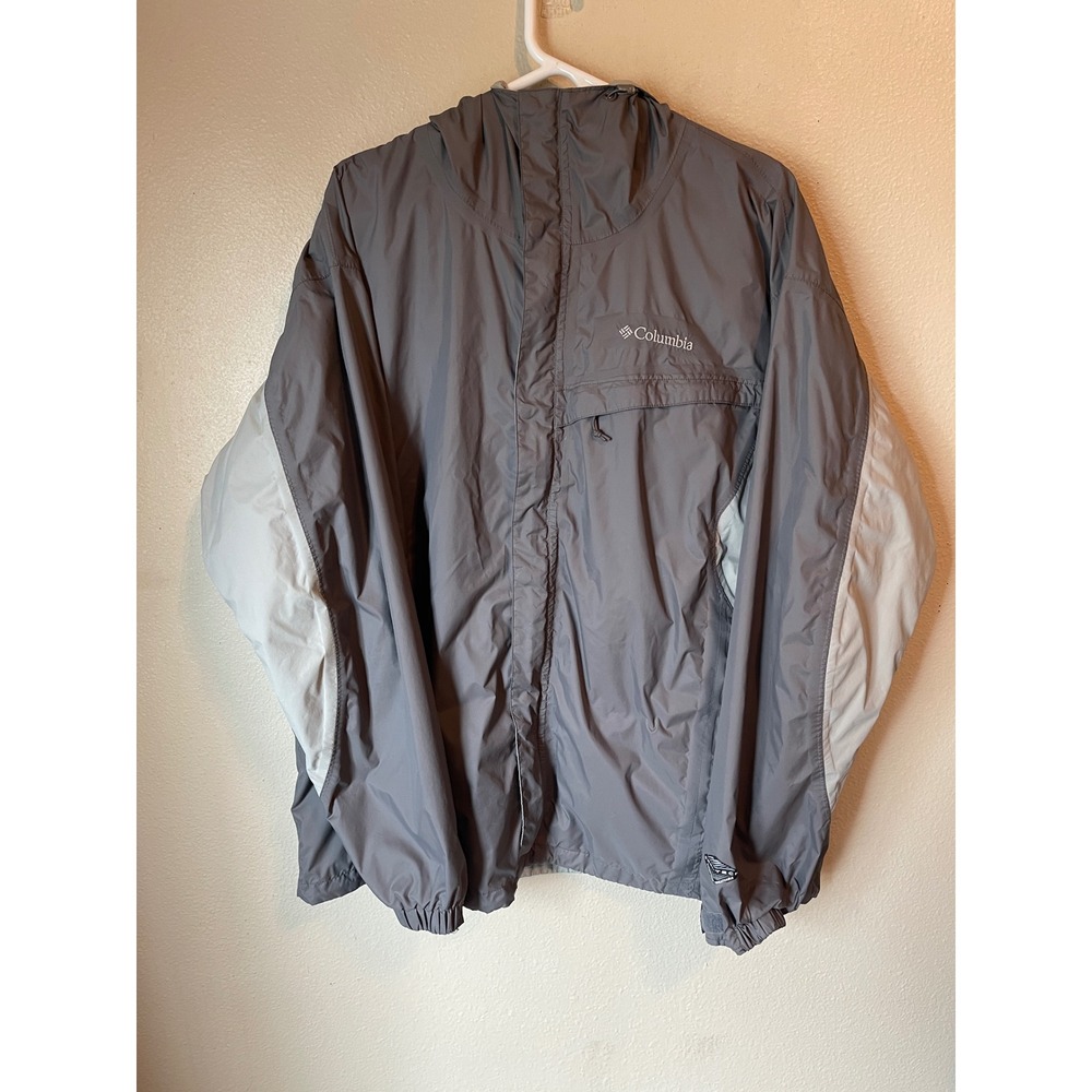 Vtg Columbia‎ Omni-tech Men's XL, Gray Packable Hooded Rain Jacket Lightweight